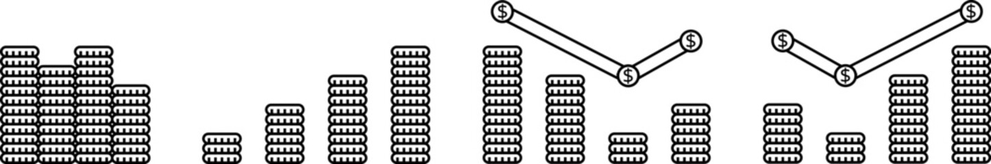 Stacks of coins illustrating financial growth decline and recovery line art graphic Set vector illustrations Minimal Coin Stack Chart Icons Finance Growth and Investment Trend