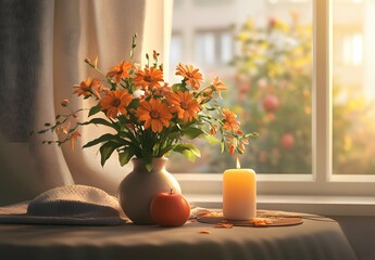 To enhance the beauty of the room, placing a beautiful vase decorated with flowers and a candle on a table in one corner of the room is an idea to create a cozy atmosphere in the room.