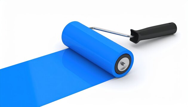 Blue paint roller laying down a vibrant stroke on a white surface