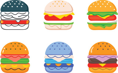 Hamburger different styles icon set. Hamburger Icon Packs Fast Food Line Art Collection Burger set vector design.