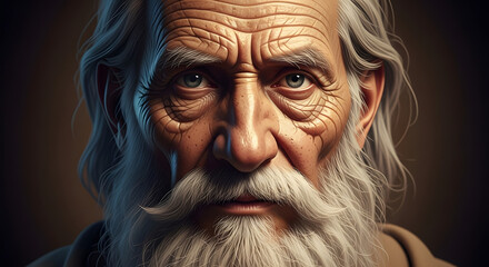 Portrait of an elderly man with white hair and beard, showcasing detailed facial wrinkles and a serious expression.