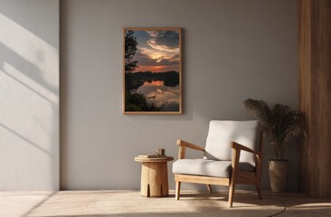 Serene Sunset Landscape Adorns a Cozy Minimalist Living Room