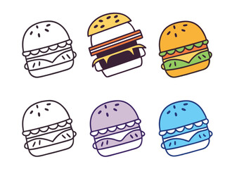 Hamburger different styles icon set. Hamburger Icon Packs Fast Food Line Art Collection Burger set vector design.