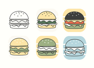 Hamburger different styles icon set. Hamburger Icon Packs Fast Food Line Art Collection Burger set vector design.