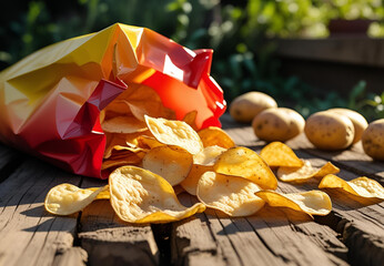 Potato chips spilling from an open bag onto a weathered wooden picnic table