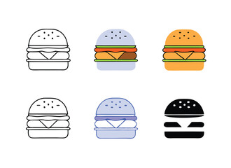 Hamburger different styles icon set. Hamburger Icon Packs Fast Food Line Art Collection Burger set vector design.