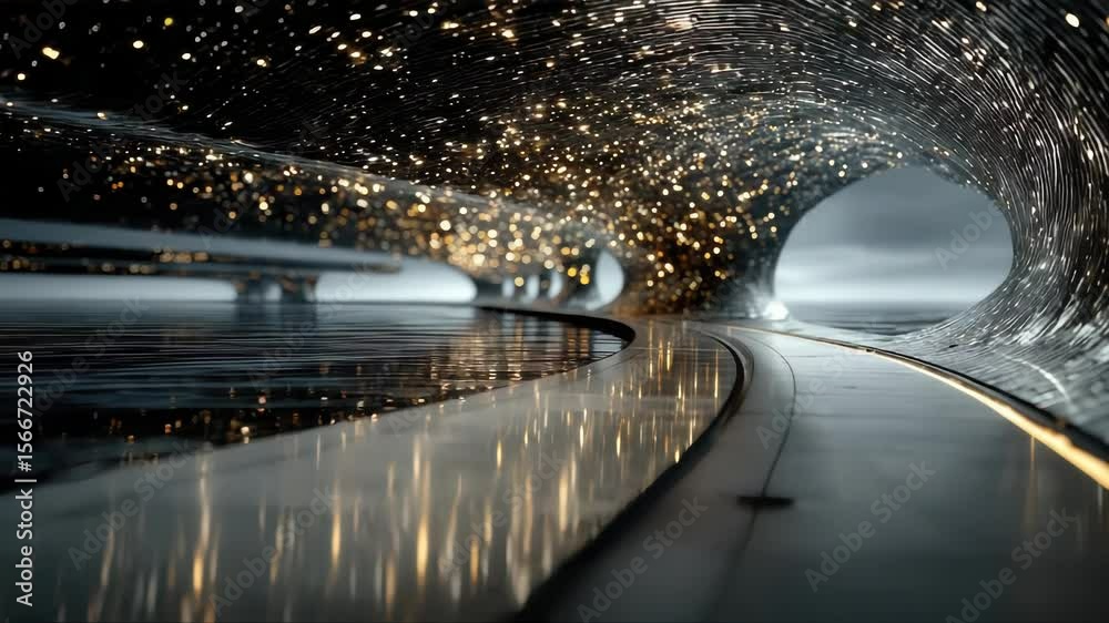 Poster abstract visualization of glowing data streams flowing at high speed through a dark tunnel, creating