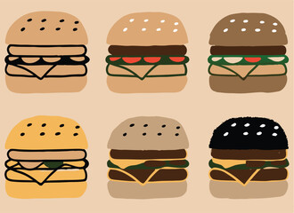 Hamburger different styles icon set. Hamburger Icon Packs Fast Food Line Art Collection Burger set vector design.