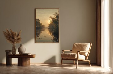 Serene Sunrise Landscape Adorns Minimalist Living Room with Comfortable Armchair