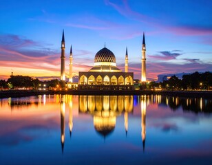Obraz premium A mosque illuminated at dusk, reflecting on tranquil water