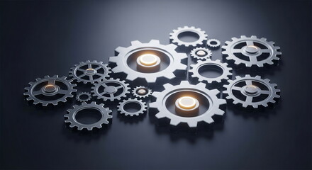 Interconnected metal gears with glowing core. Industrial mechanism and blockchain technology concept, network engineering.