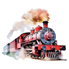 Naklejka premium A vintage steam locomotive billows smoke through a forest railway, evoking nostalgia for old train travel in the mountains