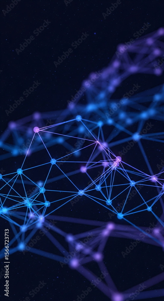 Poster abstract purple and blue polygonal shape on dark background. creative blockchain data network connec