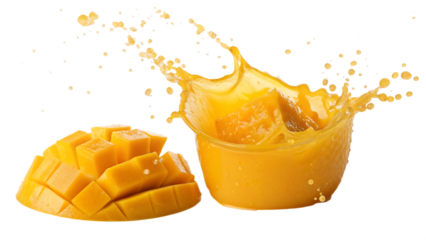 A splash of mango juice and a cut mango isolated on transparent background