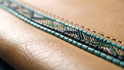 Close-up of intricate beaded trim featuring colorful patterns on a textured leather surface. This handcrafted detail evokes themes of heritage, identity, and the rich artistry associated with African