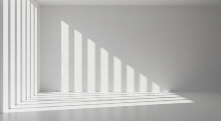 Fototapeta premium Minimalist white room with strong light and shadow patterns from vertical window frames