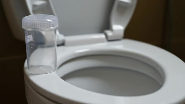 Sample Container on Toilet - A clear plastic sample container with measurement markings sits on the rim of a white toilet. The scene is subtly lit, creating a neutral and somewhat sterile atmosphere.