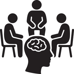 Silhouette of a support group sitting in a circle, symbolizing unity, care, and mental health support. EPS vector.