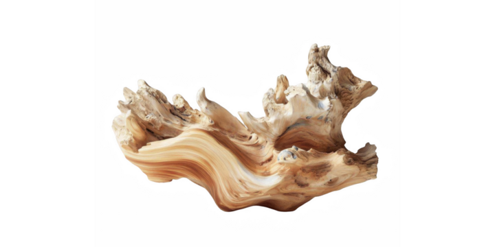 A piece of driftwood with swirling patterns isolated against a black background