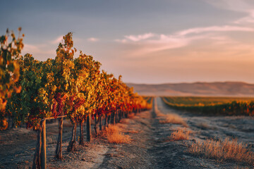Naklejka premium A serene vineyard landscape bathed in warm sunset light, rows of grapevines stretching into the distance. 