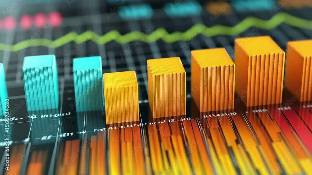 Poster visual representation of financial data trends with colorful bar graphs and line charts in a modern 