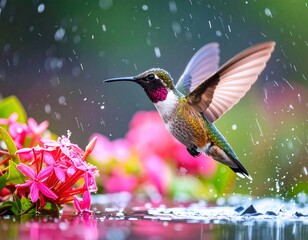 Fototapeta premium A hummingbird hovers, wings spread, in mid-flight near pink flowers