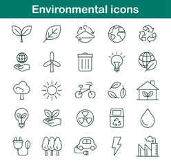 Simple line icons with elements of ecology, nature and energy. Great for presentations, web design and infographics. Clean outline style on transparent background. Vector illustration