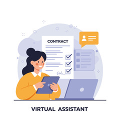 Virtual assistant reviewing contract with checklist and laptop background  