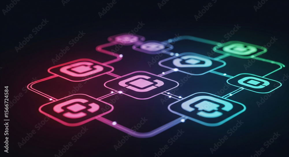 Poster blockchain network with interconnected neon square nodes representing data blocks. digital cryptocur