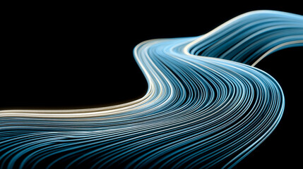 Elegant blue lines gracefully intertwine against a stark black backdrop creating a mesmerizing abstract flow.