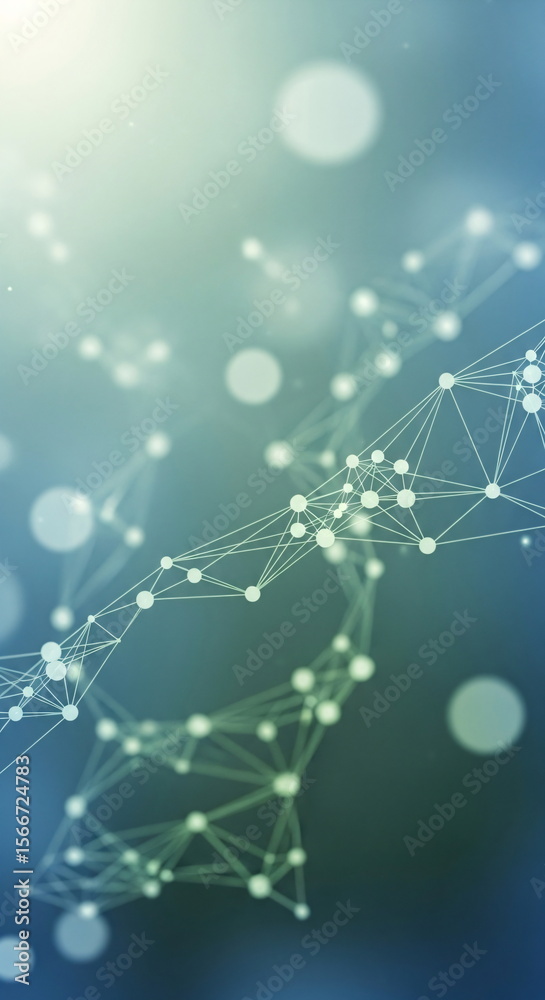 Poster abstract blockchain network with glowing lines and dots on a blue green gradient background. digital