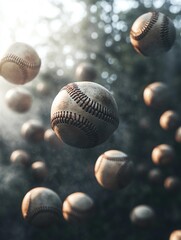 Fototapeta premium Multiple Baseballs Floating in Dusty Atmosphere Cinematic Sports Scene