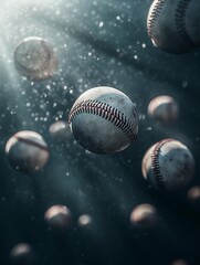 Multiple Baseballs Floating in Dusty Atmosphere Cinematic Sports Scene