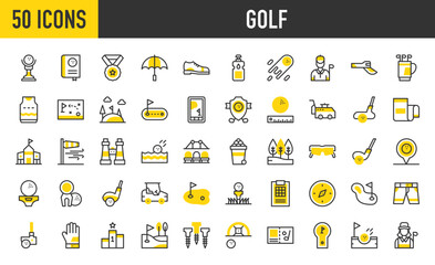 50 Golf icons. such as Golf Club, Hill, Umbrella, Trees, Hole In One, Binocular, Golf Gloves, Lake, Golf Cart, Golf Caddy, Lessons, Distance, Basket, Bag, Field, Stick vector stroke illustration.