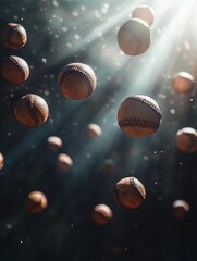Multiple Baseballs Floating in Dusty Atmosphere Cinematic Sports Scene