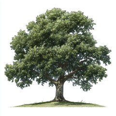 Fototapeta premium A stately oak tree with a wide, full canopy of lush green leaves and a sturdy, textured trunk, isolated on a white background. 