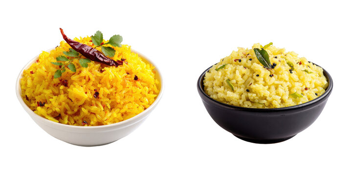 Two bowls of rice one yellow with chili pepper and one light yellow in black bowl