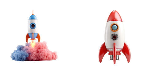 Two rockets one with smoke and fire on a black background ready for space travel