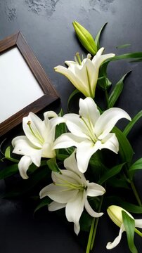 Elegant white lily blossoms with green leaves arranged near a wooden frame on textured black background, floral display