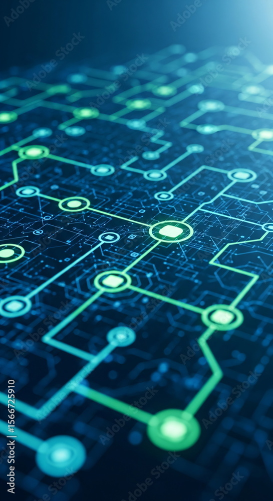 Poster futuristic glowing circuit board representing a digital network connection. concept of blockchain te