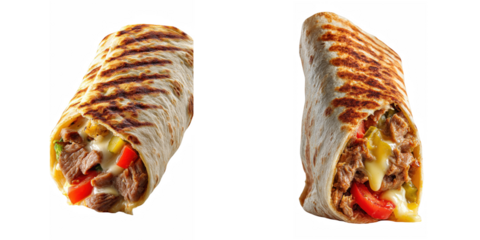 Two delicious looking grilled burritos filled with meat, cheese and vegetables