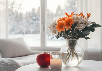 To enhance the beauty of the room, placing a beautiful vase decorated with flowers and a candle on a table in one corner of the room is an idea to create a cozy atmosphere in the room.