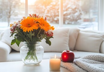 To enhance the beauty of the room, placing a beautiful vase decorated with flowers and a candle on a table in one corner of the room is an idea to create a cozy atmosphere in the room.