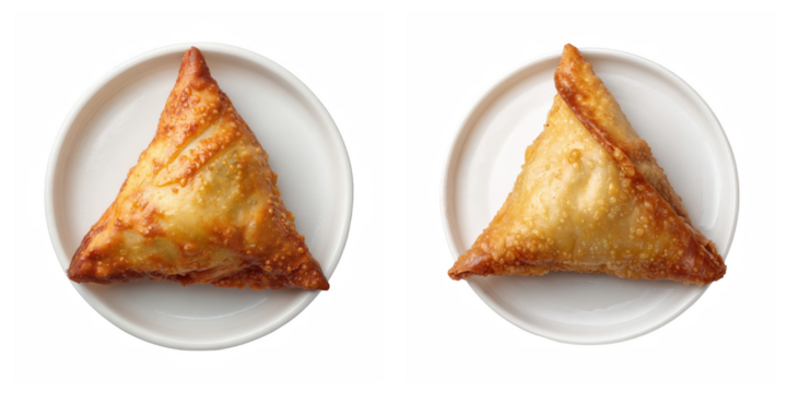Two samosas on white plates presented side by side in a simple studio setting shot