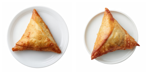 Two samosas on white plates displayed against a solid black background overhead view