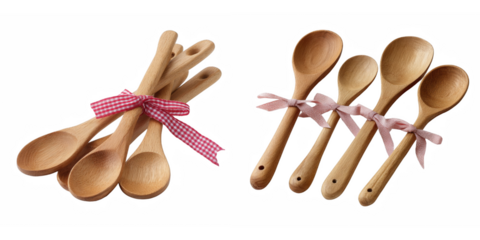 Bundles of wooden spoons tied with ribbons on a black background for decoration