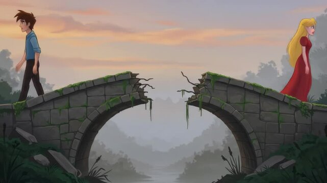 Young Couple Separated by Broken Bridge at Sunset - A young man and woman stand on opposite sides of a crumbling stone bridge at sunset, symbolizing a gap in their relationship.