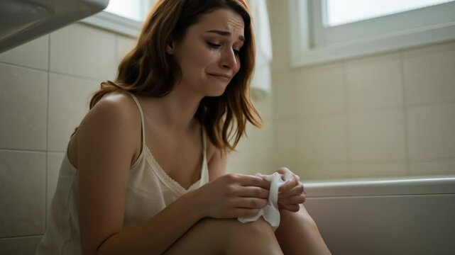 Young Woman Crying in Bathroom - A young woman with long brown hair sits on the floor of a bathroom, crying and holding a tissue. She is wearing a light-colored camisole and appears distraught.