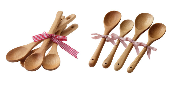 Bundles of wooden spoons tied with ribbons on a black background for decoration - Powered by Adobe