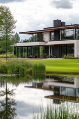 Obraz premium Modern architectural design of a house with large glass windows reflecting in a tranquil pond surrounded by lush greenery in a peaceful outdoor setting